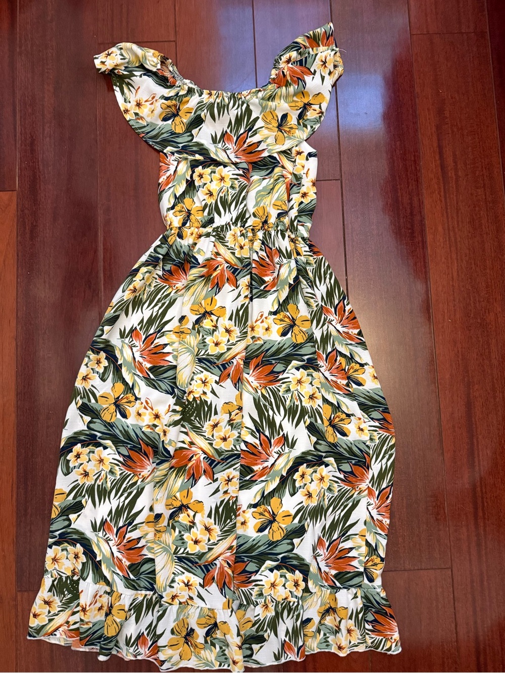 Girls Floral Ruffle Maxi Dress - White/Green/Orange